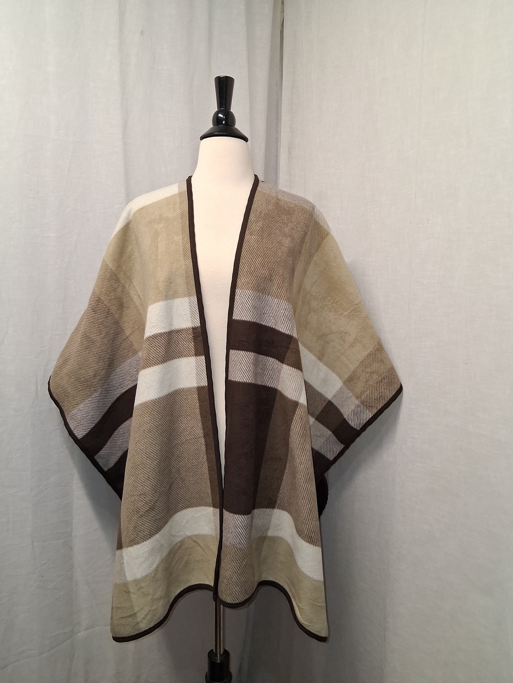 Woolrich Striped Open-Front Poncho in Brown & Cream